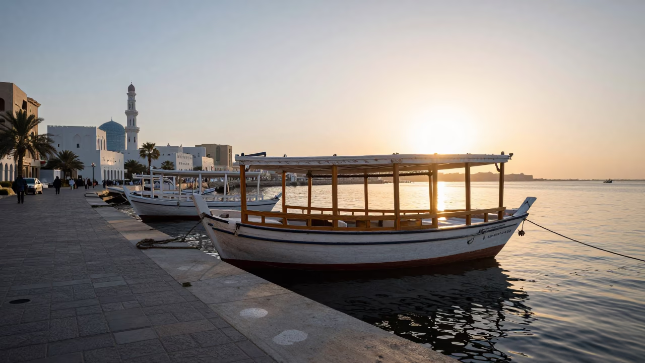 Muscat Oman First Light Street Scene Traditional Dhow Boat Docked Near Corniche in in Muscat, Oman