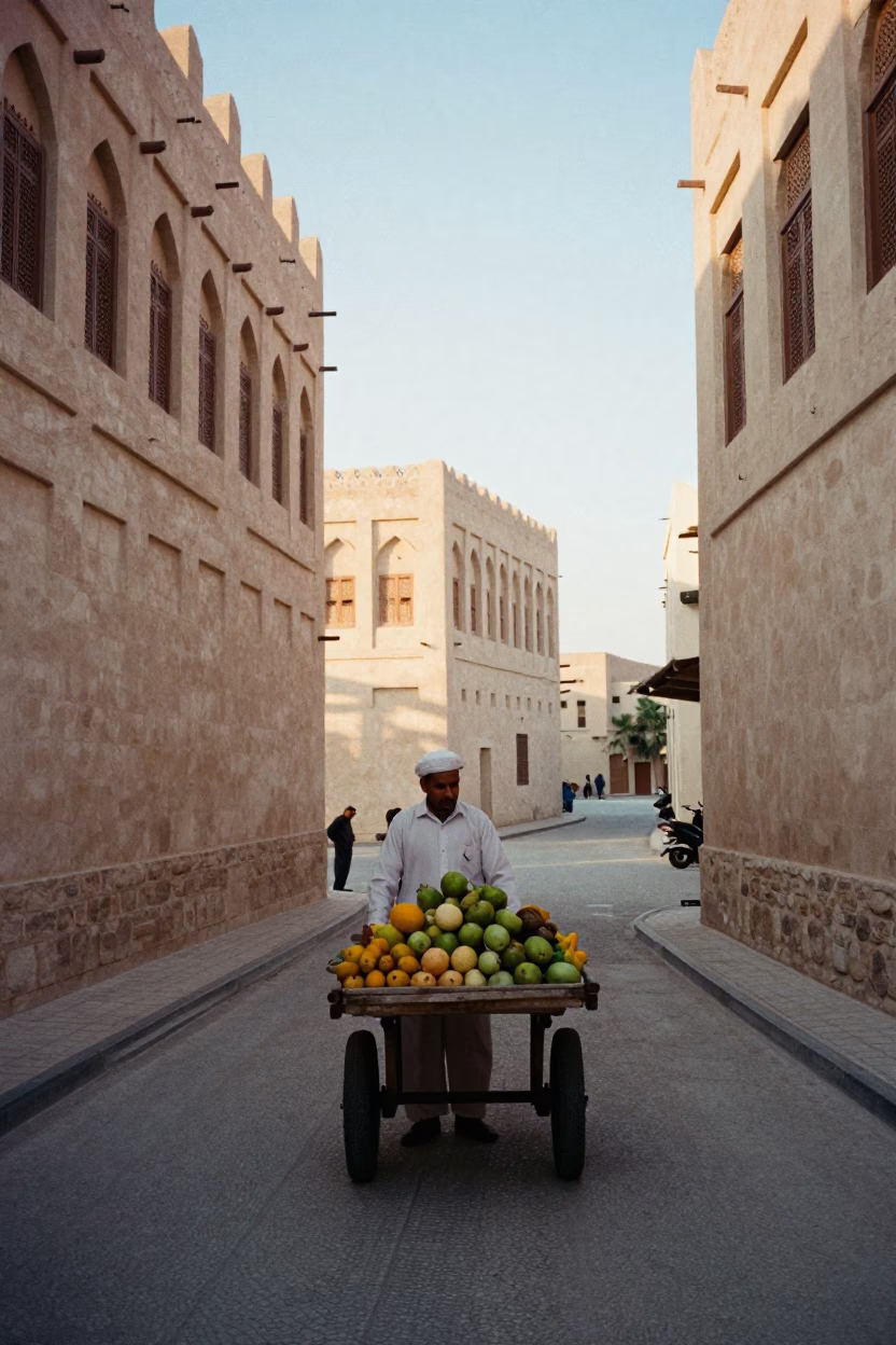 Muscat Oman First Light Street Scene with Fruit Vendor and Traditional Architecture in in Muscat, Oman