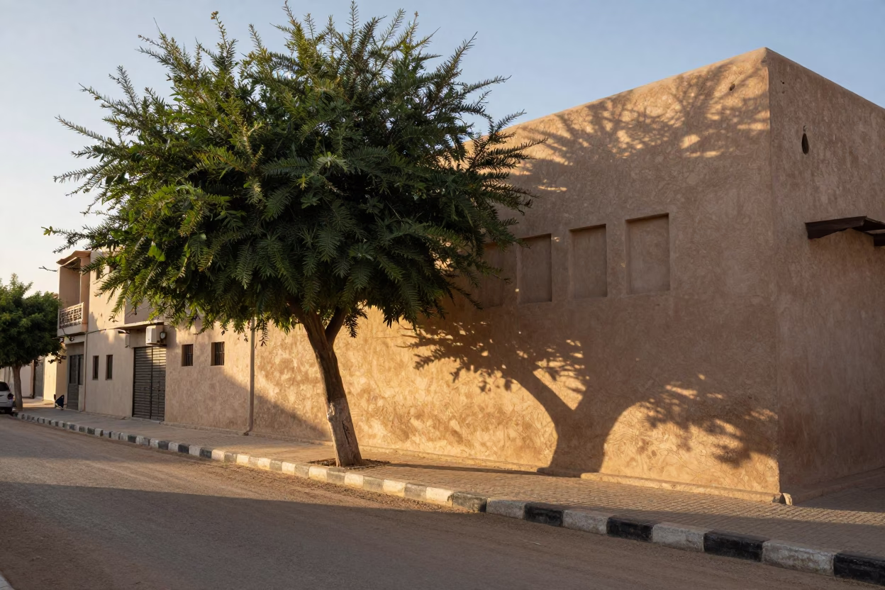 Muscat Oman First Light Street Scene with Traditional Tree and Daily Life in in Muscat, Oman
