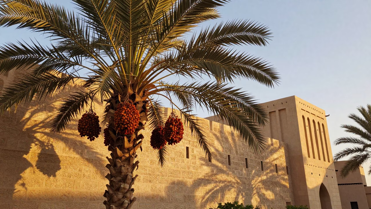 Muscat Oman Golden Hour Date Palm Clusters Amber Fruit and Traditional Architecture in in Muscat, Oman