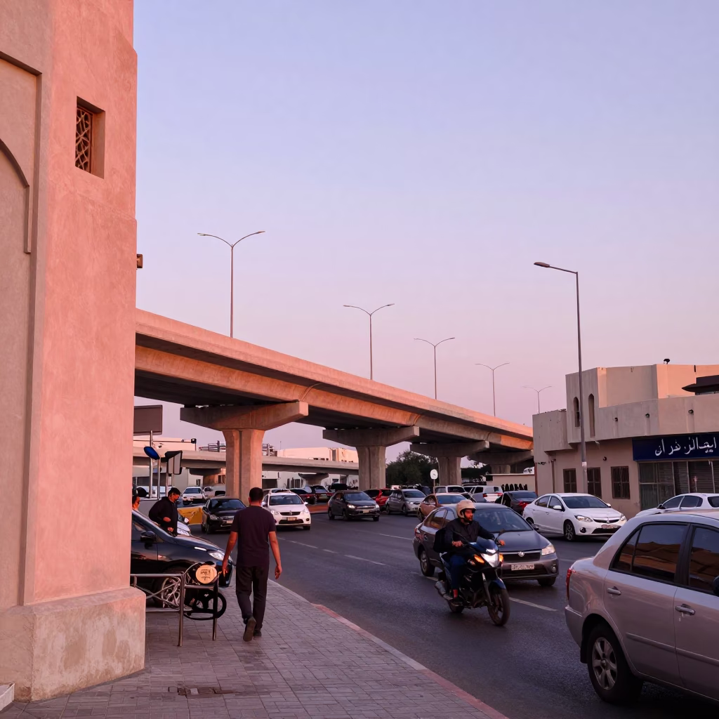 Muscat Oman Golden Hour Street Scene Highway Flyover and Traditional Tea in in Muscat, Oman