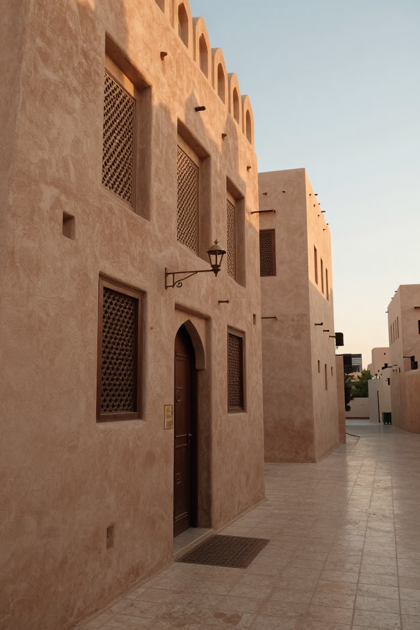 Muscat Oman Golden Hour Street Scene with Brass Hardware and Traditional Details in in Muscat, Oman