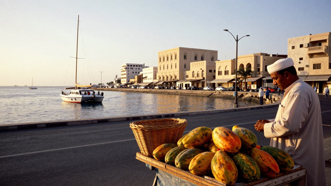 Muscat Oman Golden Hour Street Scene with Catamaran and Wicker Basket in in Muscat, Oman