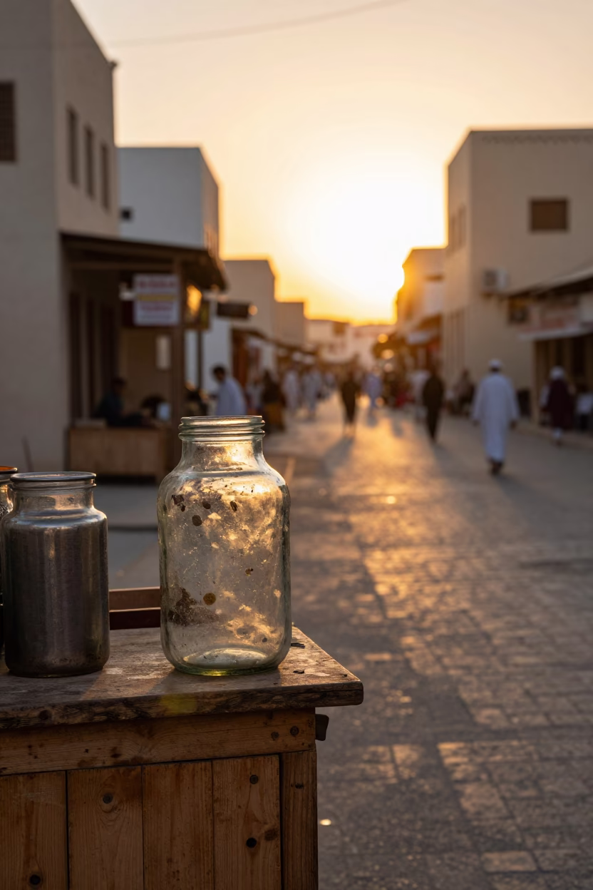 Muscat Oman Golden Hour Street Scene with Jar and Local Commerce in in Muscat, Oman