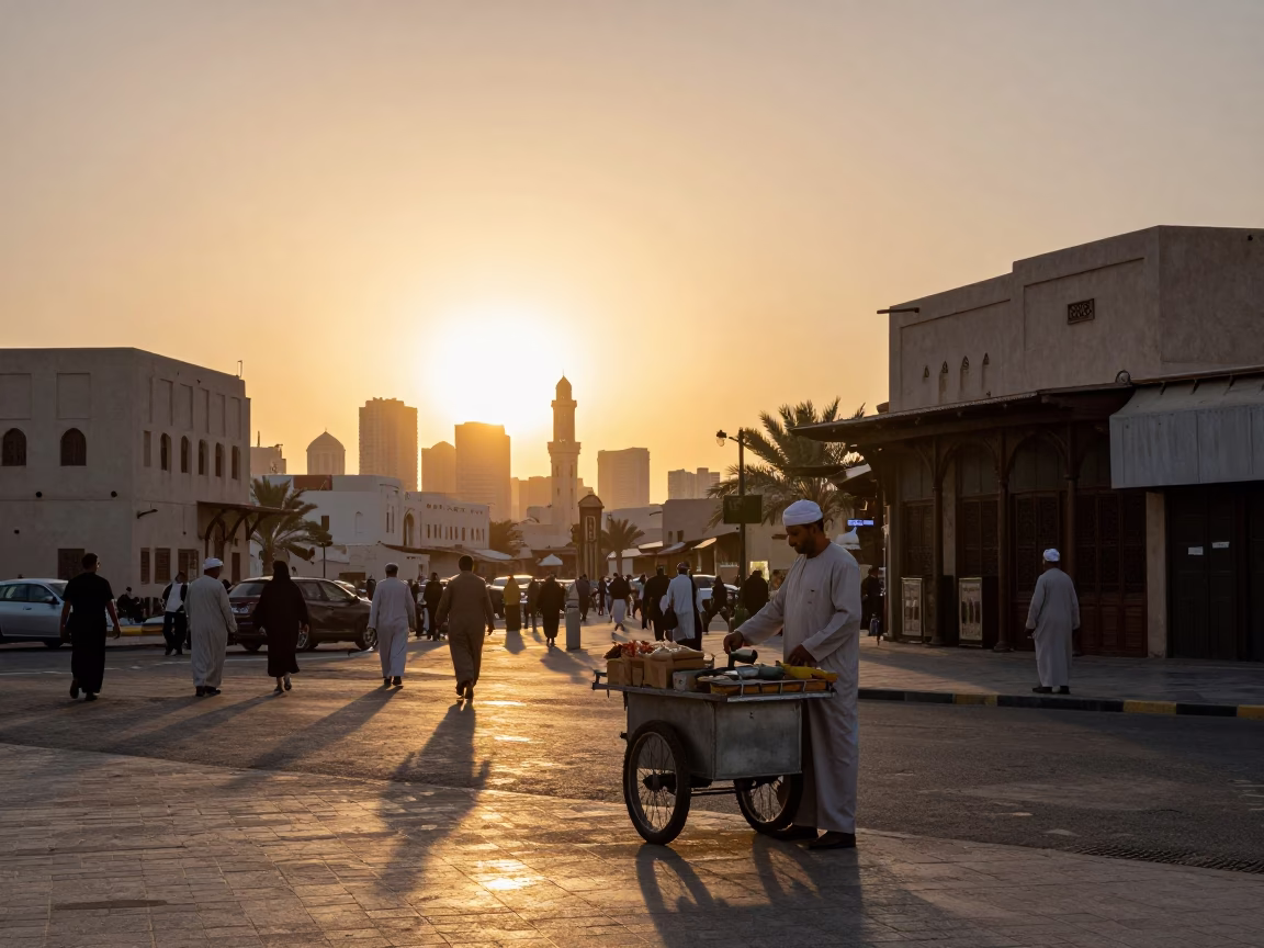 Muscat Oman Golden Hour Street Scene with Local Vendor and Traditional Elements in in Muscat, Oman