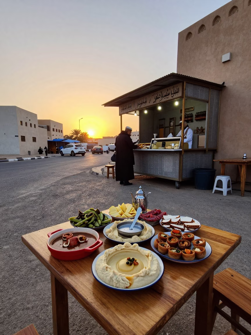 Muscat Oman Golden Hour Street Scene with Mezze Platter and Tea Strainer in in Muscat, Oman