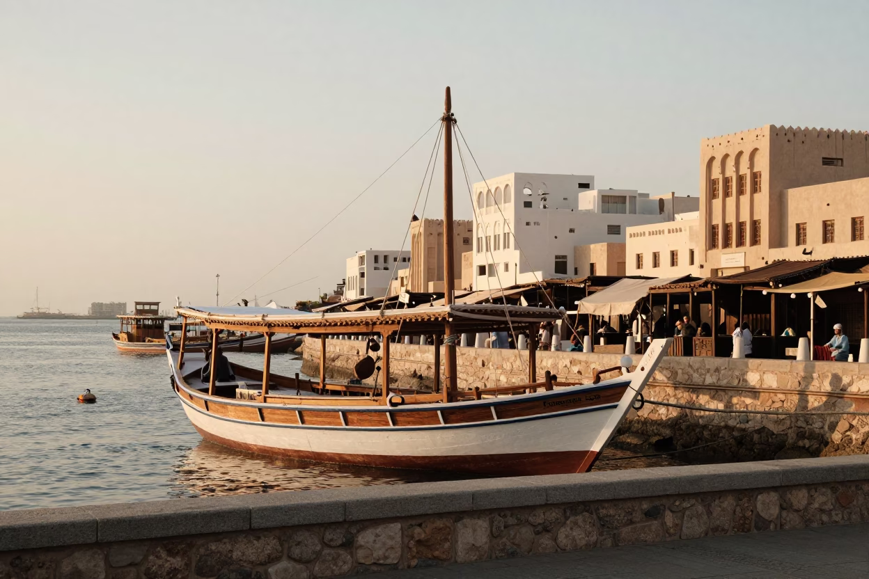Muscat Oman Golden Hour Street Scene with Traditional Dhow and Souq Activity in in Muscat, Oman
