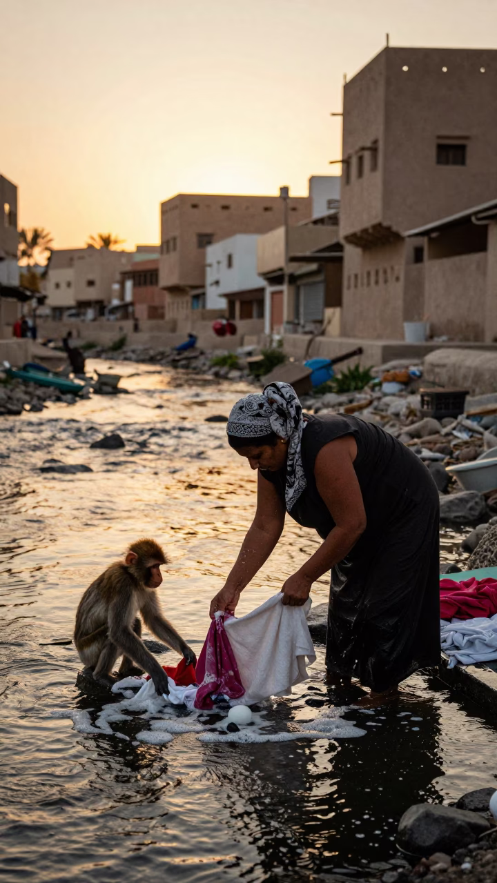 Muscat Oman Golden Hour Street Scene with Woman Washing Clothes and Monkey Puzzle Tree in in Muscat, Oman