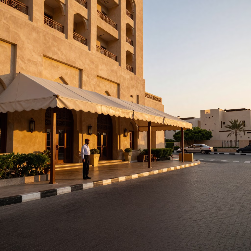 Muscat Oman Honeyed Evening Light Street Scene with Hotel Awning and Local Interaction in in Muscat, Oman