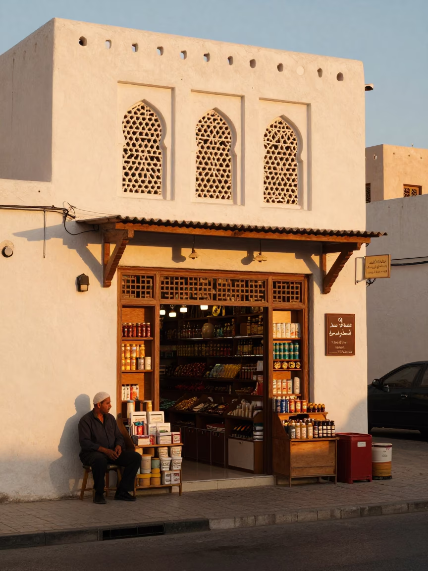 Muscat Oman Honeyed Evening Light Street Scene with Local Shopkeeper and Paperbacks in in Muscat, Oman