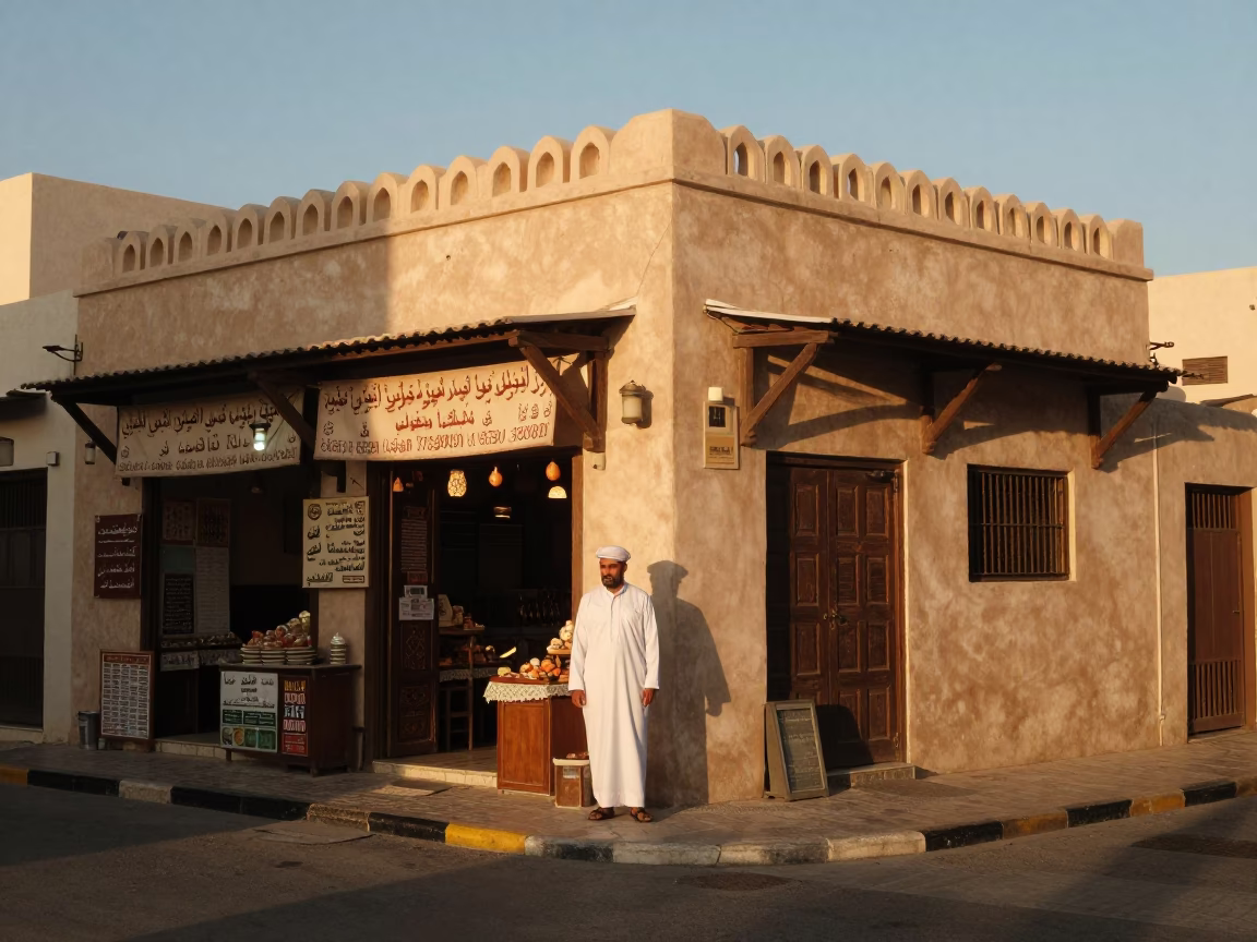 Muscat Oman Honeyed Evening Light Street Scene with Traditional Elements in in Muscat, Oman