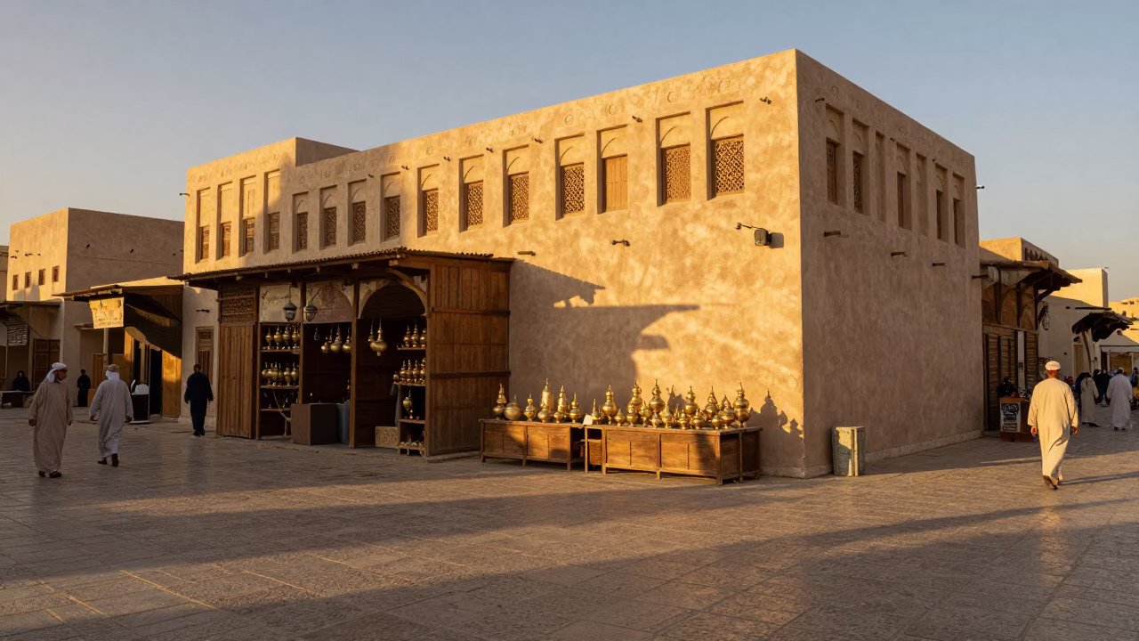 Muscat Oman Honeyed Evening Light Street Scene with Traditional Souq Details in in Muscat, Oman