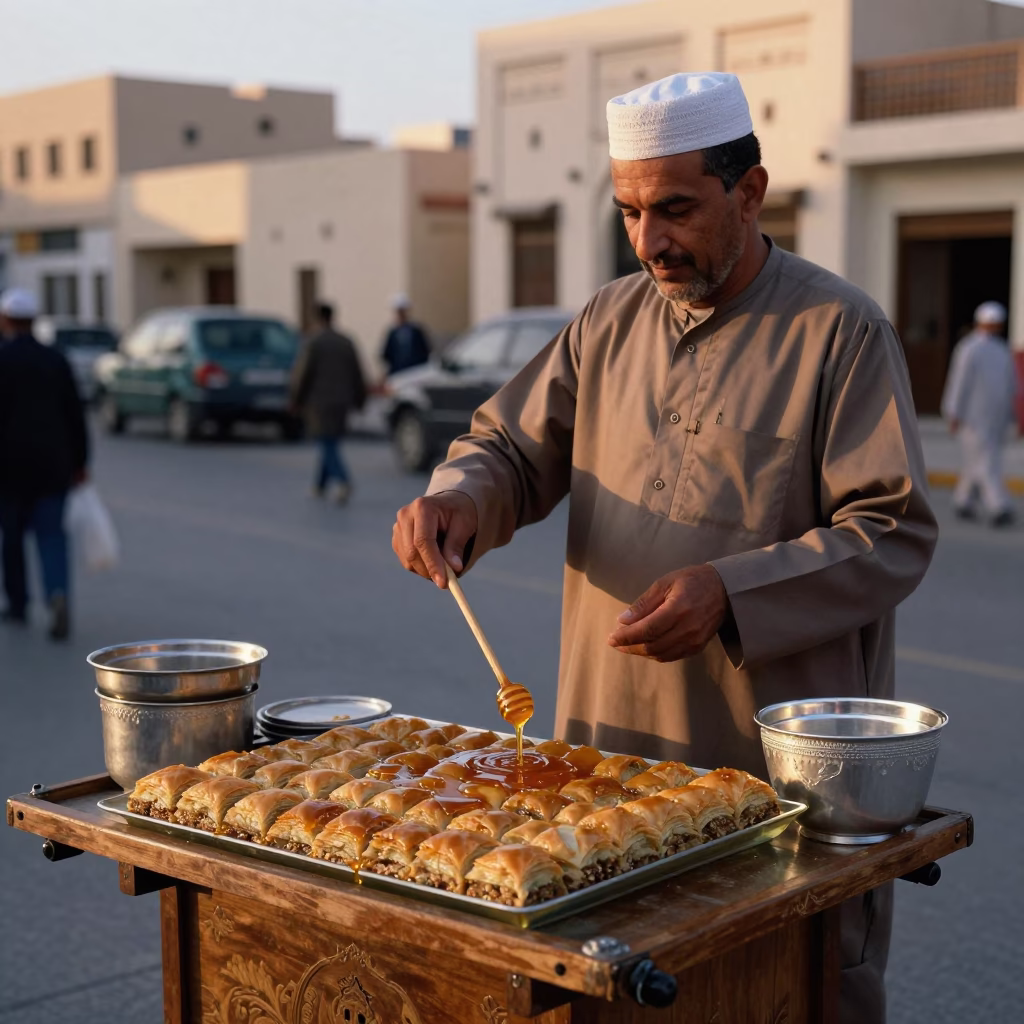 Muscat Oman Honeyed Evening Street Scene with Baklava and Local Interaction in in Muscat, Oman