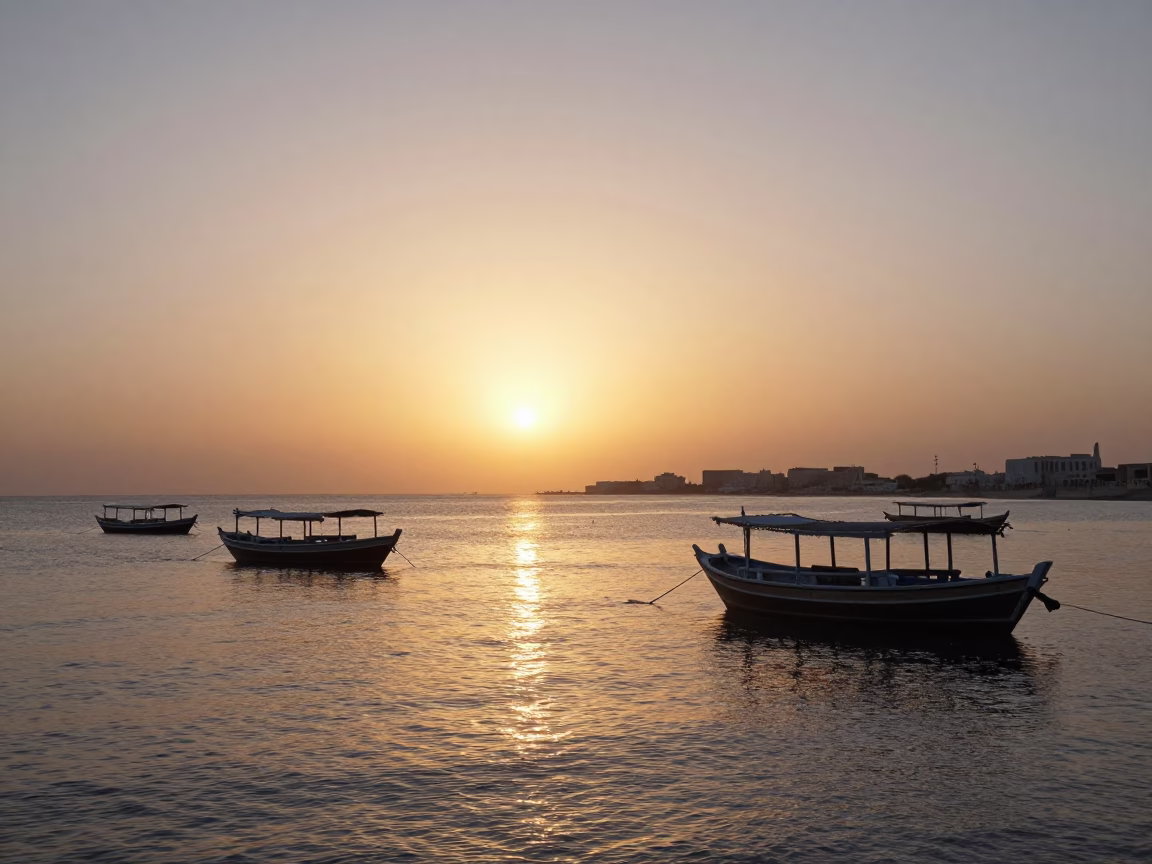 Muscat Oman Horizon Sunset Traditional Dhow Boats Coastal Landscape Golden Hour in in Muscat, Oman