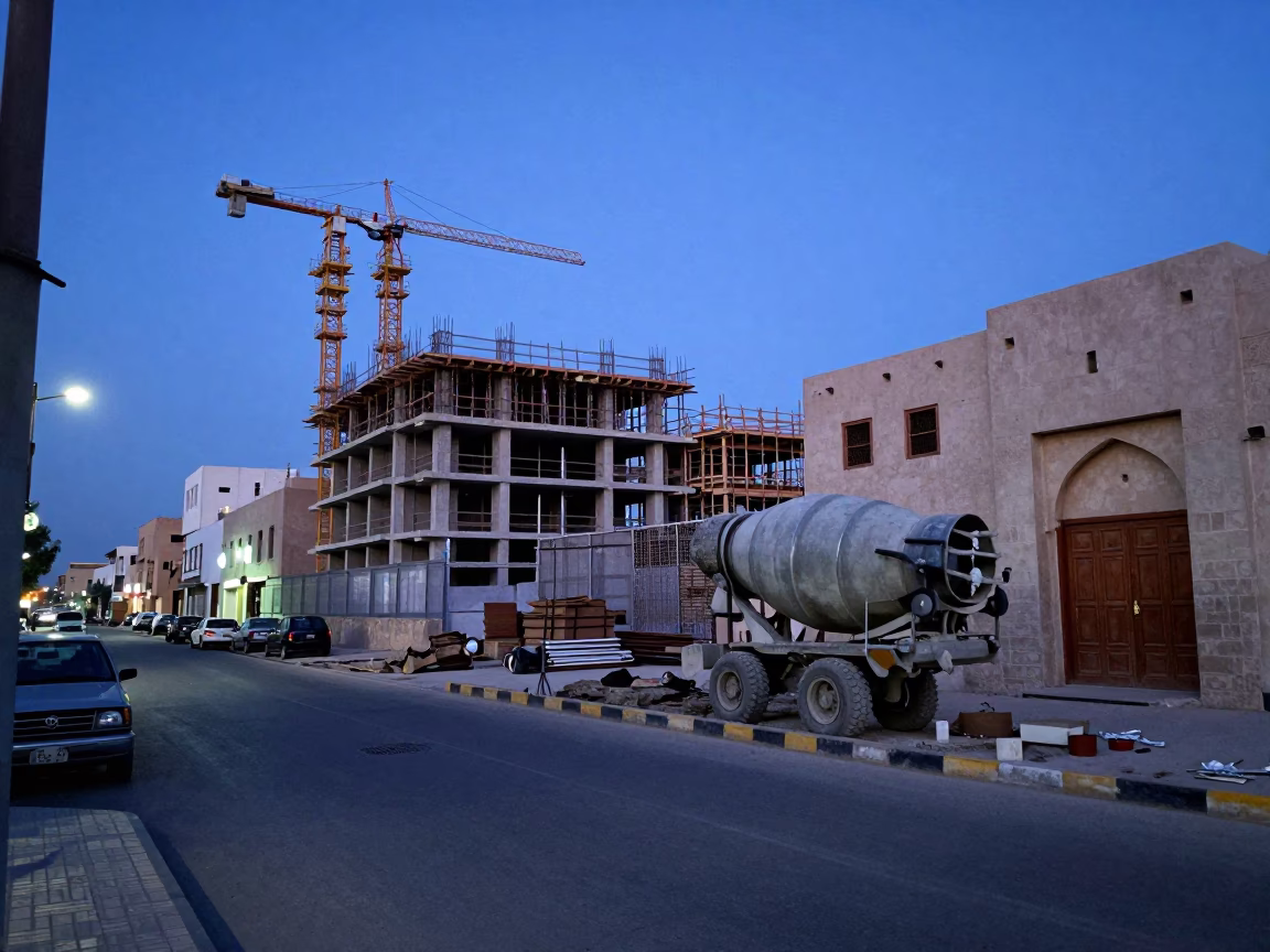 Muscat Oman indigo twilight street scene with construction and traditional architecture in in Muscat, Oman