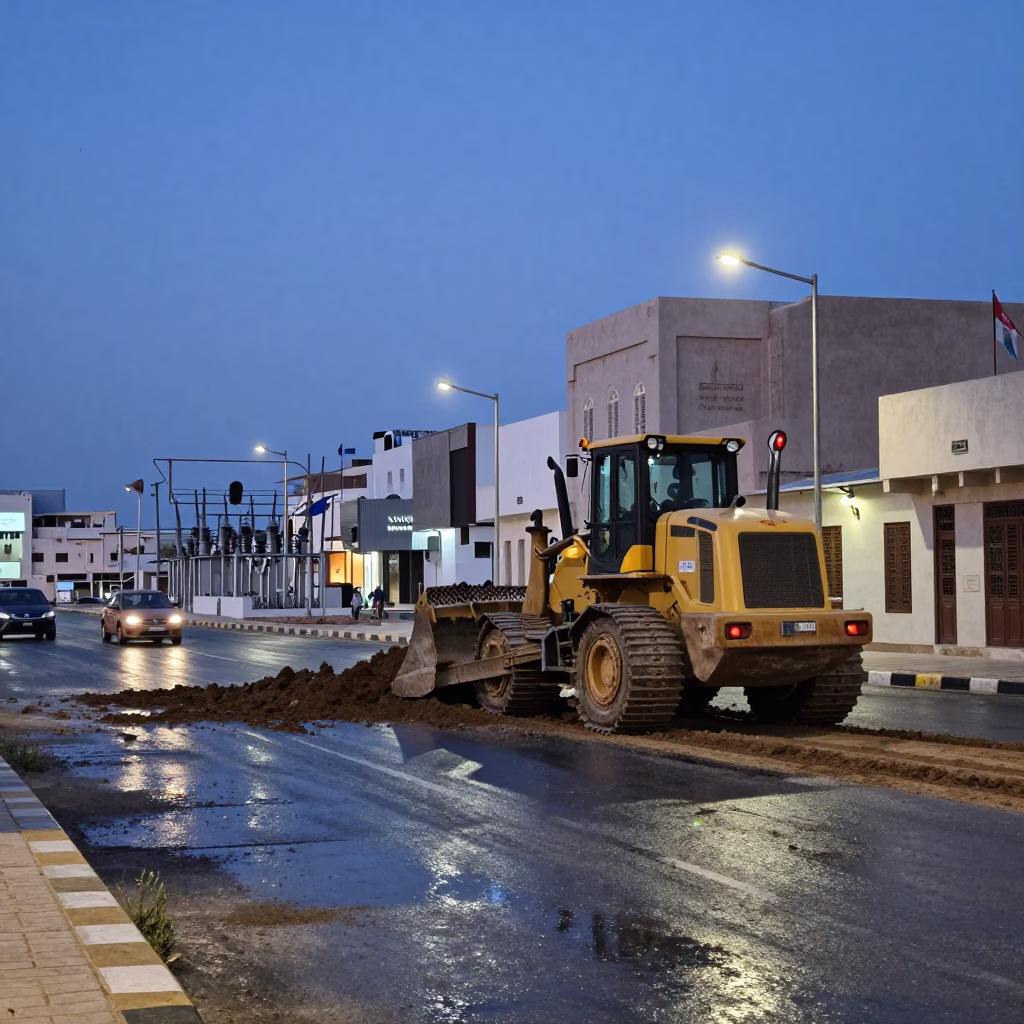 Muscat Oman indigo twilight street scene with construction earthmoving and urban infrastructure in in Muscat, Oman