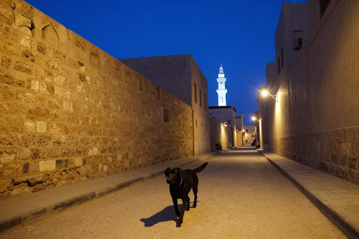 Muscat Oman indigo twilight street scene with Labrador Retriever and traditional architecture in in Muscat, Oman