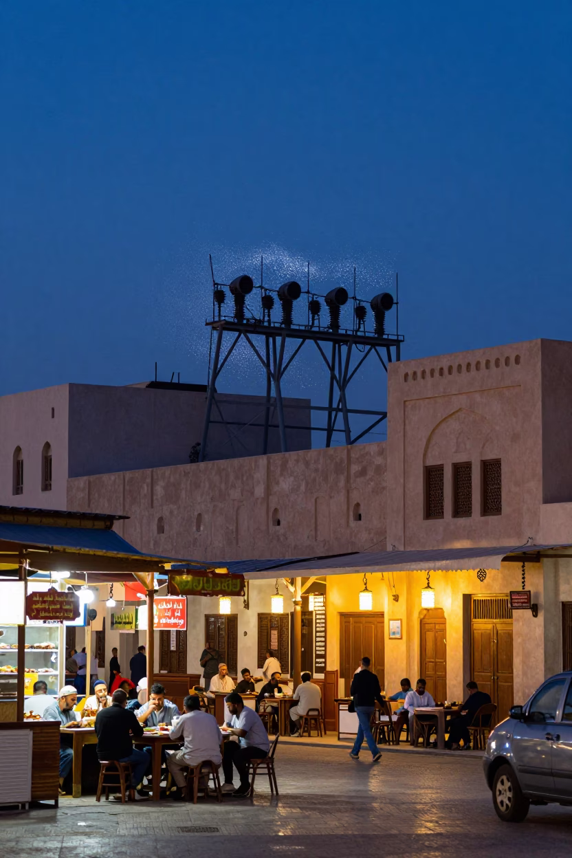 Muscat Oman indigo twilight street scene with local dining and coastal infrastructure in in Muscat, Oman