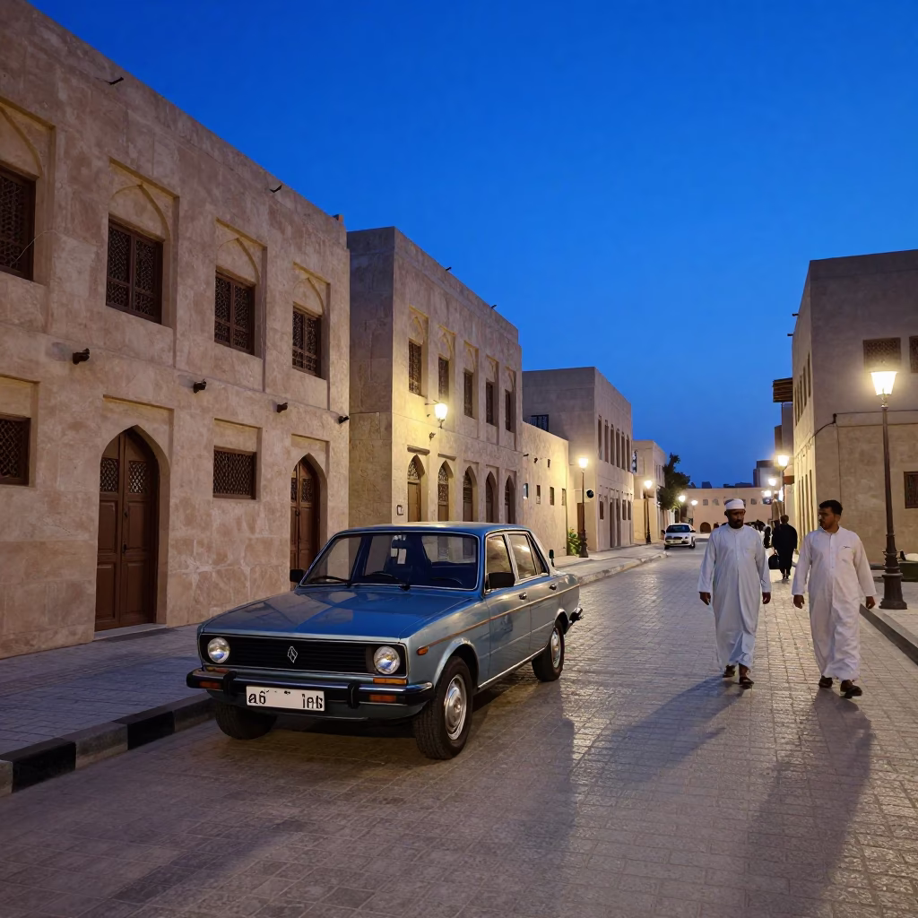 Muscat Oman indigo twilight street scene with local men and vintage car in in Muscat, Oman