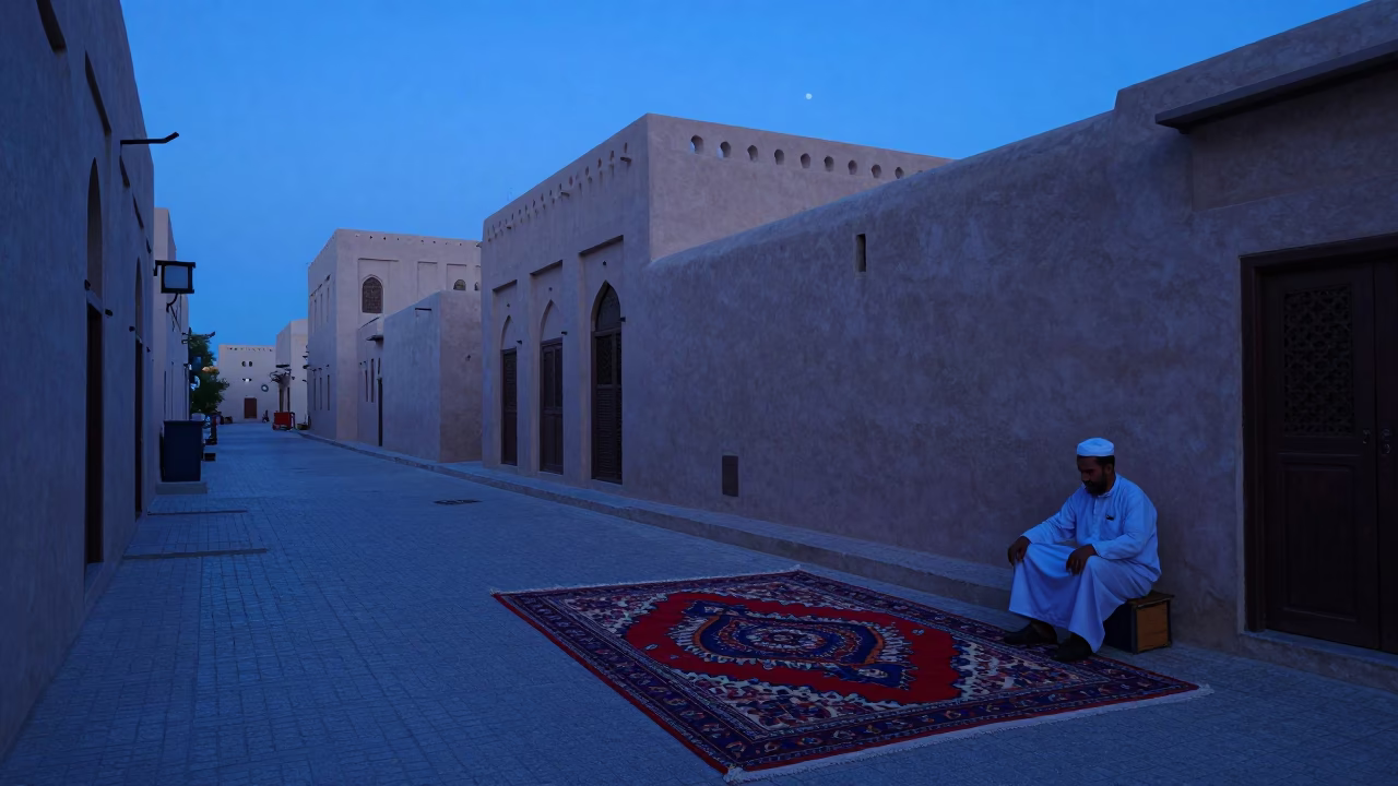 Muscat Oman indigo twilight street scene with patterned rug and boot scraper in in Muscat, Oman