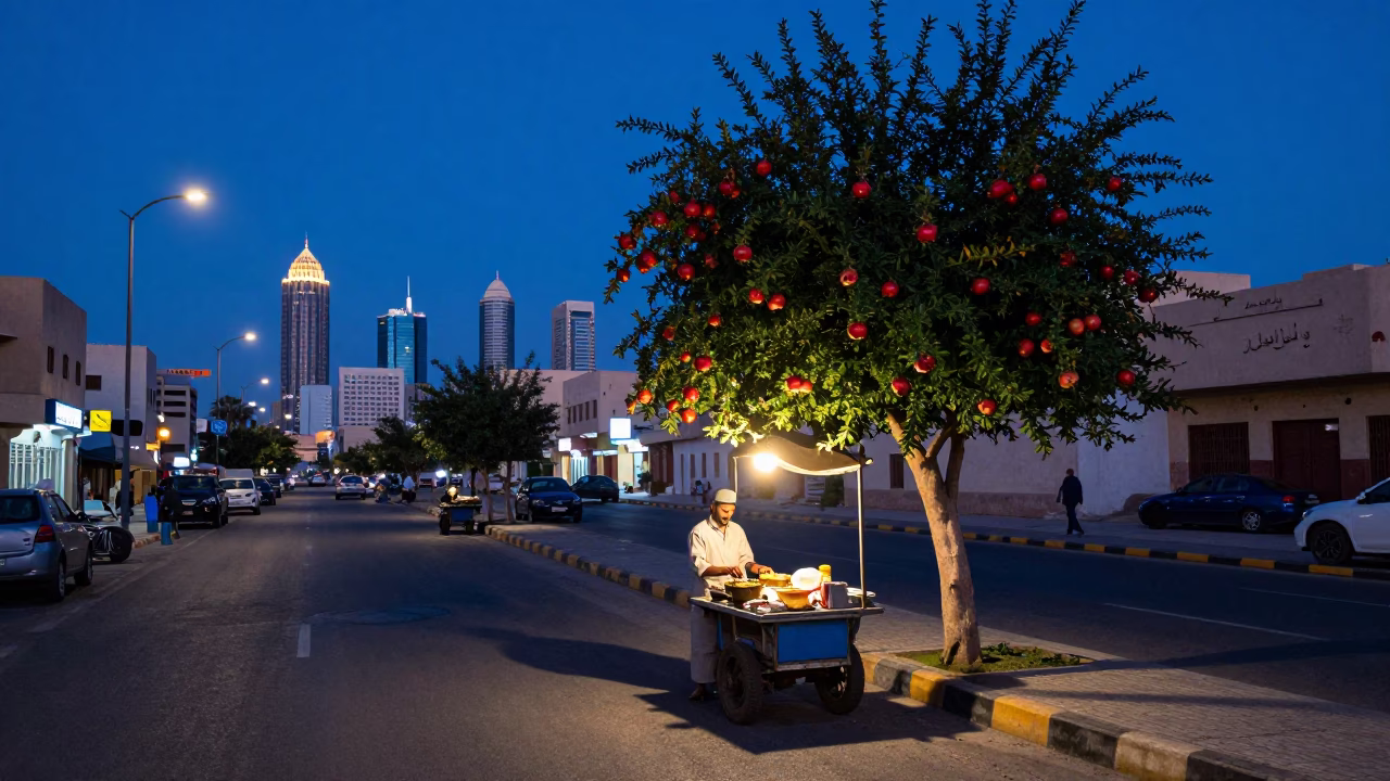 Muscat Oman Indigo Twilight Street Scene with Pomegranate Tree and Baklava in in Muscat, Oman