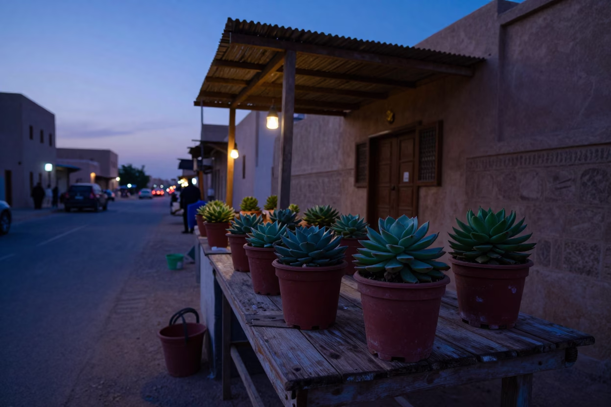 Muscat Oman indigo twilight street scene with potted succulents and tea stains on runner in in Muscat, Oman