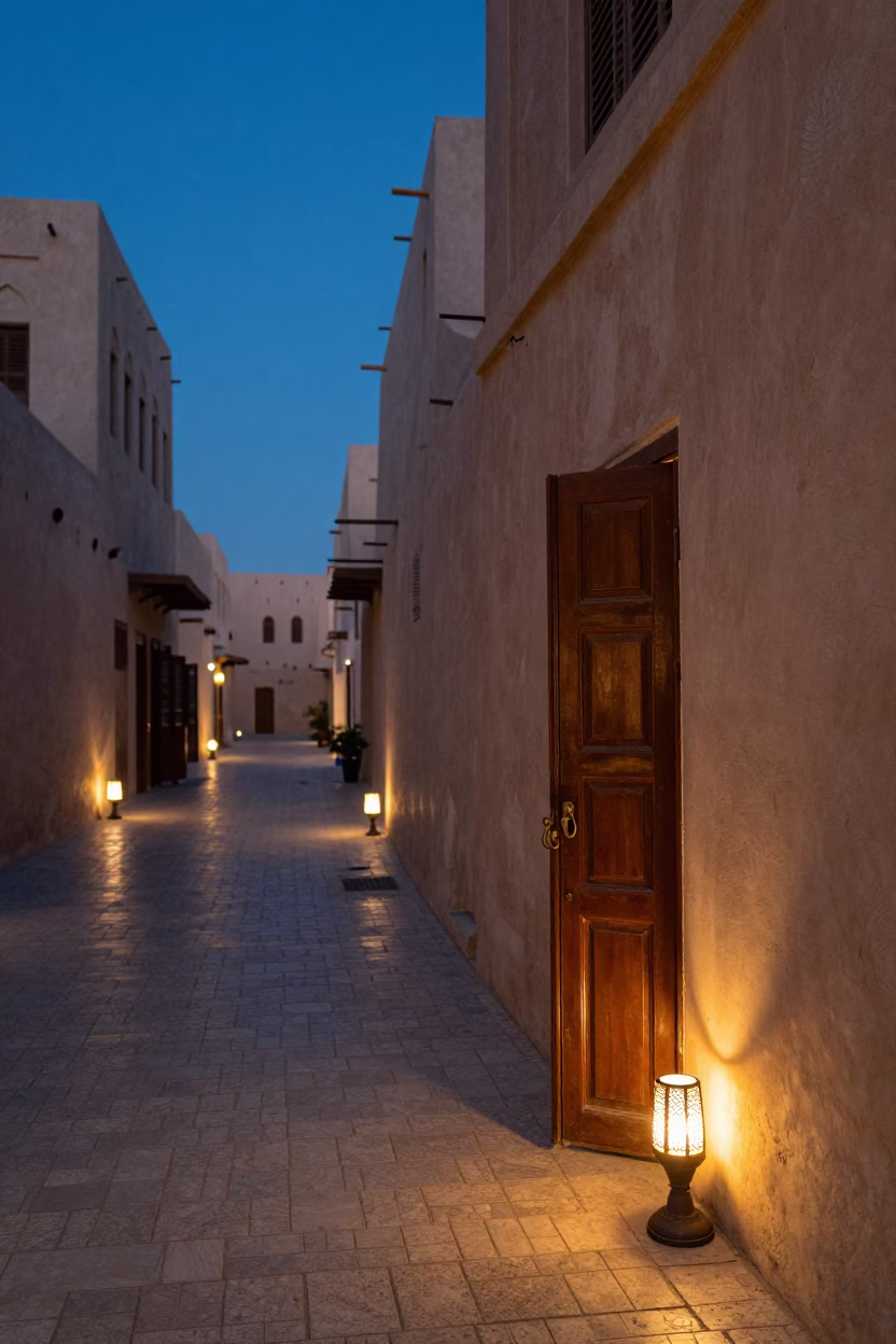 Muscat Oman indigo twilight street scene with table lamps and door latch in in Muscat, Oman