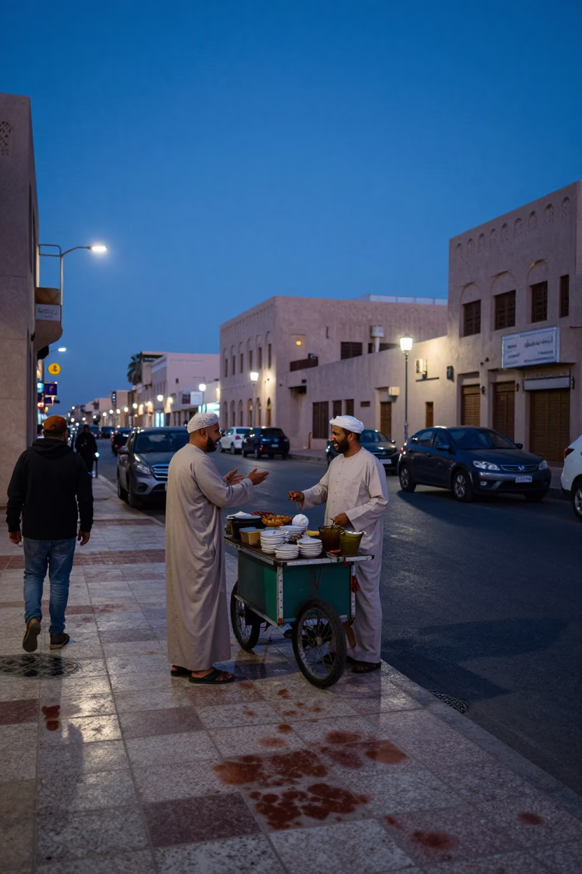 Muscat Oman indigo twilight street scene with tea stains on rail and local interaction in in Muscat, Oman