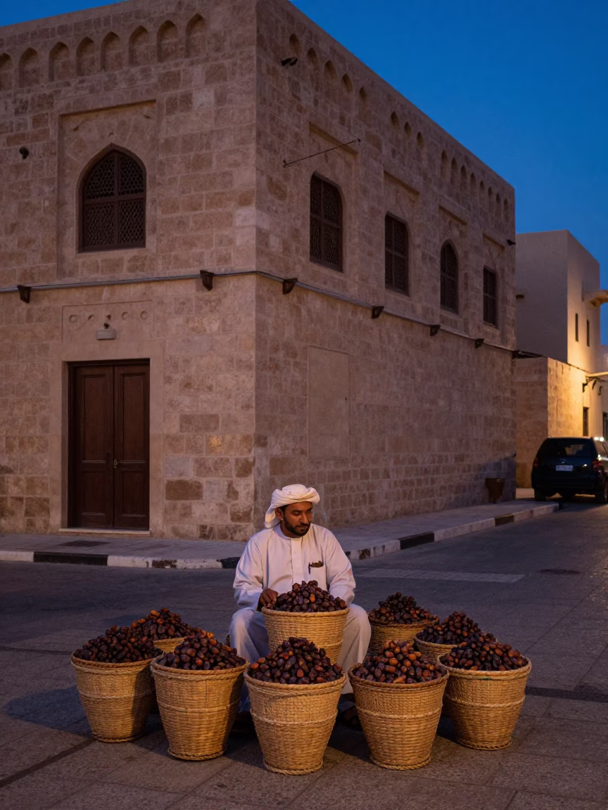 Muscat Oman Indigo Twilight Street Scene with Traditional Basket and Stone Architecture in in Muscat, Oman