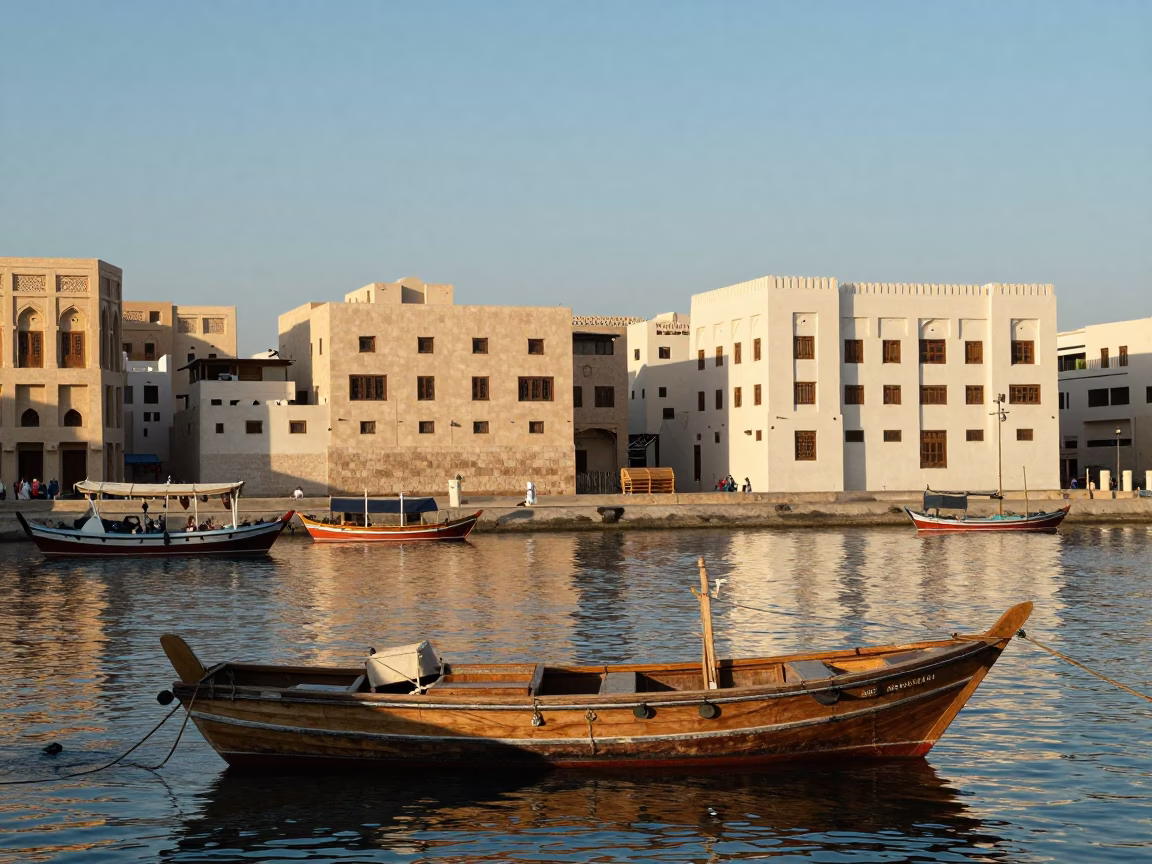 Muscat Oman Late Afternoon Harbor View with Dhow Boats and Coral Stone Architecture in in Muscat, Oman