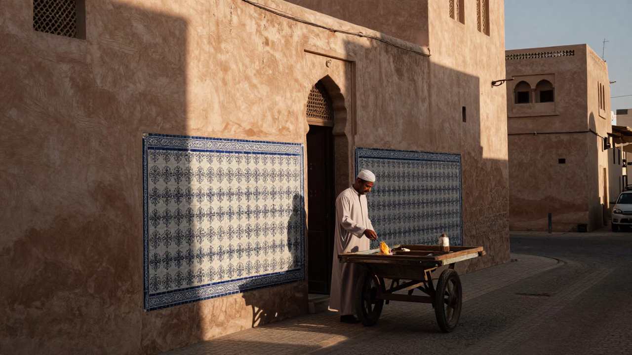 Muscat Oman Late Afternoon Street Scene Ceramic Tiles and Local Commerce in in Muscat, Oman
