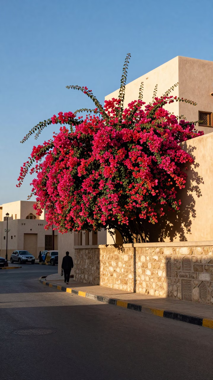 Muscat Oman Late Afternoon Street Scene with Bougainvillea and Traditional Architecture in in Muscat, Oman
