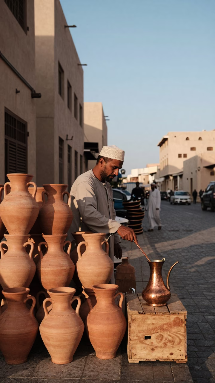 Muscat Oman Late Afternoon Street Scene with Copper Cezve and Traditional Pottery Market Wares in in Muscat, Oman