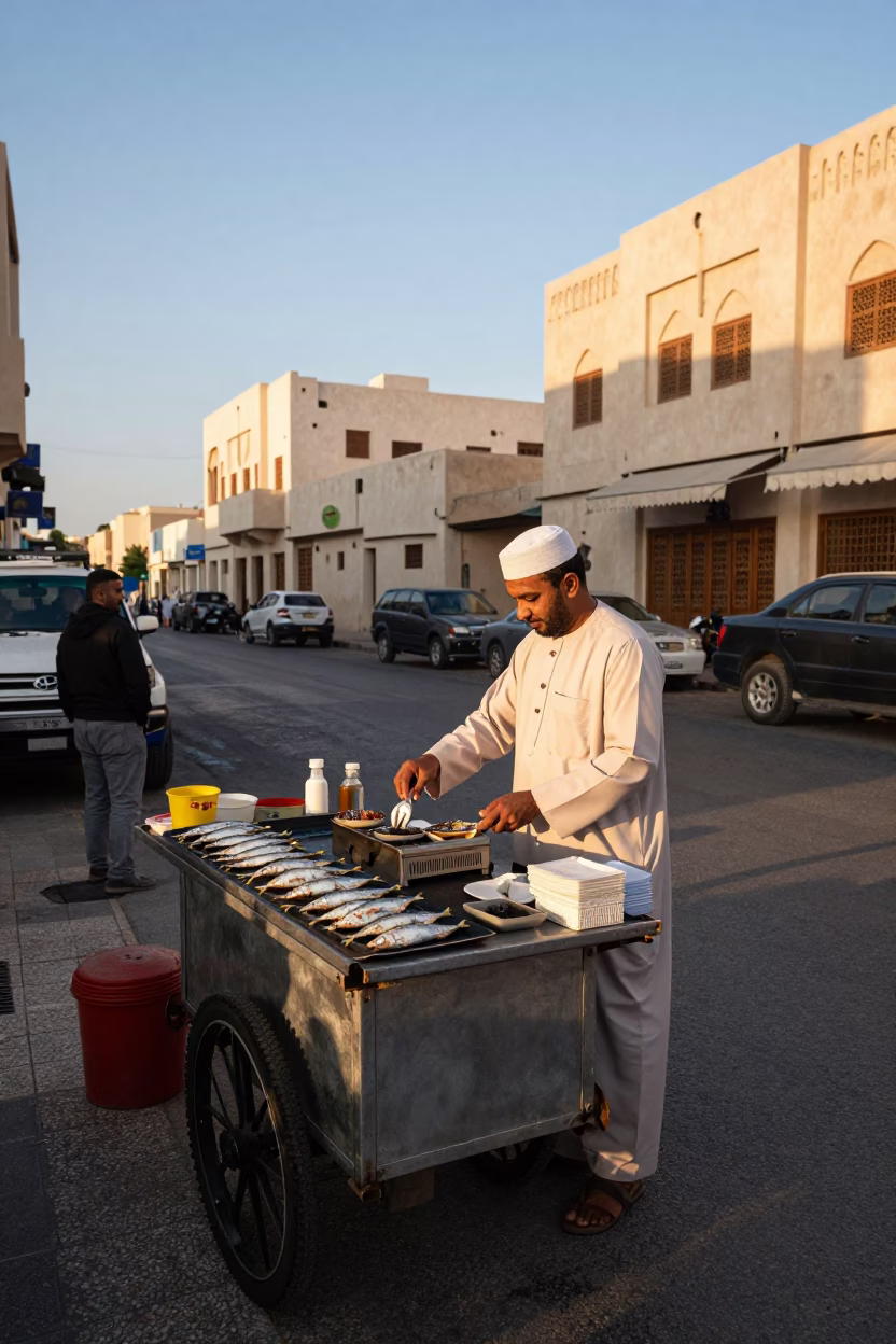 Muscat Oman Late Afternoon Street Scene with Local Food Vendor and Traditional Elements in in Muscat, Oman