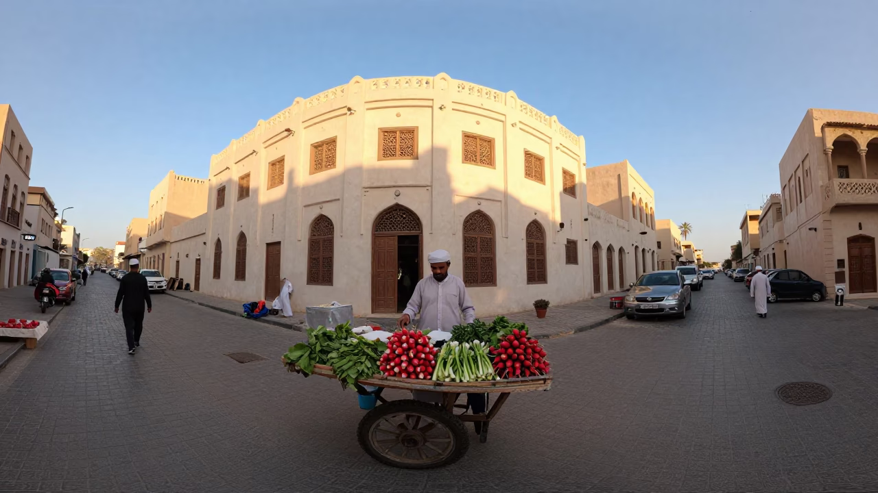 Muscat Oman Late Afternoon Street Scene with Local Vendor and Traditional Elements in in Muscat, Oman