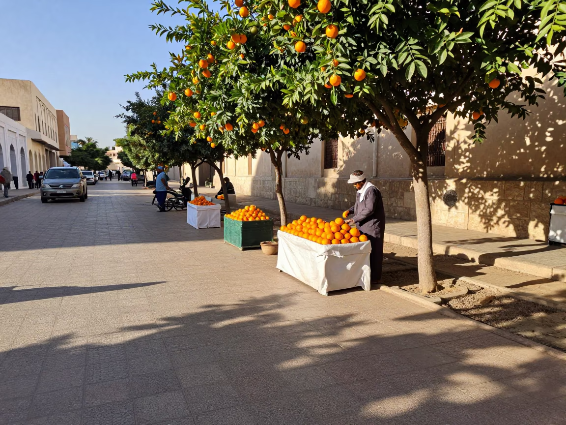 Muscat Oman Late Afternoon Street Scene with Oranges and Leaf Shadows in in Muscat, Oman