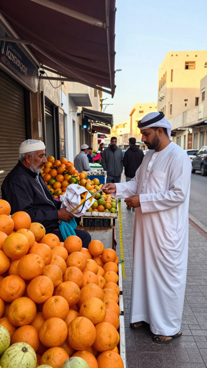 Muscat Oman Late Afternoon Street Scene with Oranges and Measuring Tapes in in Muscat, Oman
