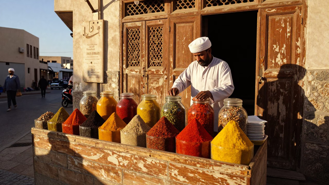 Muscat Oman Late Afternoon Street Scene with Spice Jars and Iron Hook in in Muscat, Oman