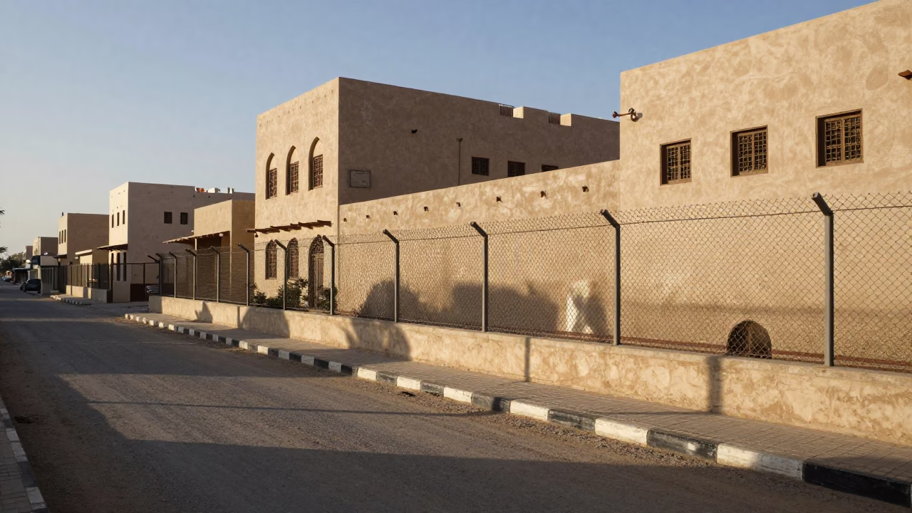 Muscat Oman Late Afternoon Street Scene With Substation Fence And Brass Details in in Muscat, Oman