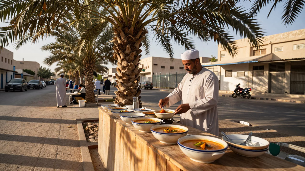 Muscat Oman Late Afternoon Street Scene with Traditional Food and Utensils in in Muscat, Oman