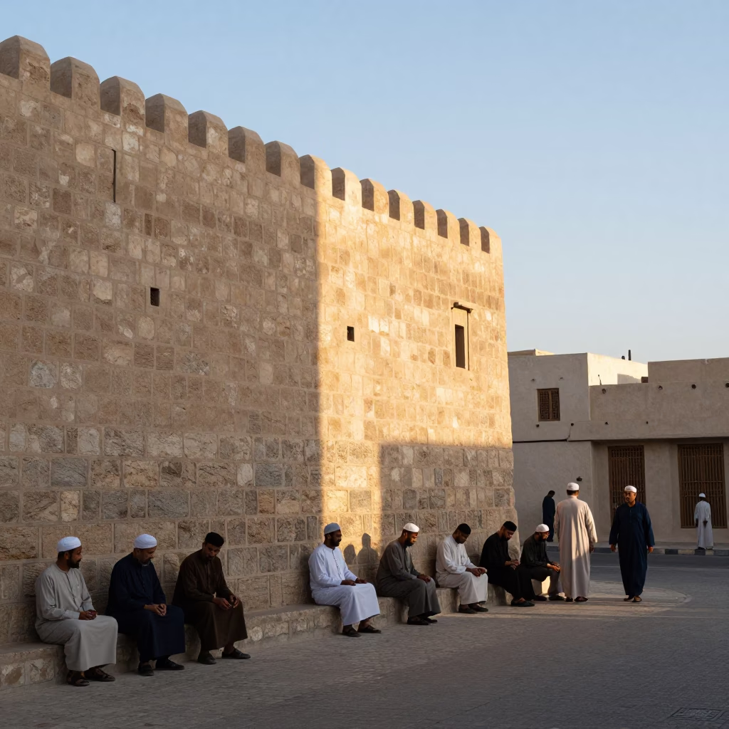 Muscat Oman Late Afternoon Street Scene with Traditional Majlis Seating and Sunlight in in Muscat, Oman