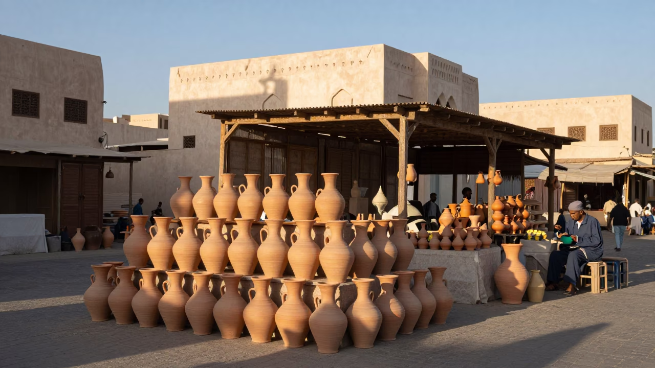 Muscat Oman Late Afternoon Street Scene with Traditional Pottery Market and Terracotta Wares in in Muscat, Oman
