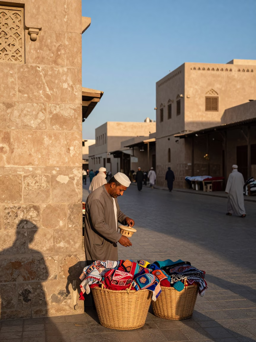 Muscat Oman Late Afternoon Street Scene with Traditional Souq Details and Local Commerce in in Muscat, Oman
