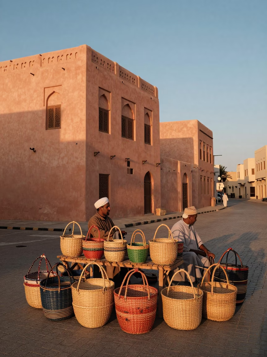 Muscat Oman Late Afternoon Street Scene with Woven Baskets and Traditional Architecture in in Muscat, Oman
