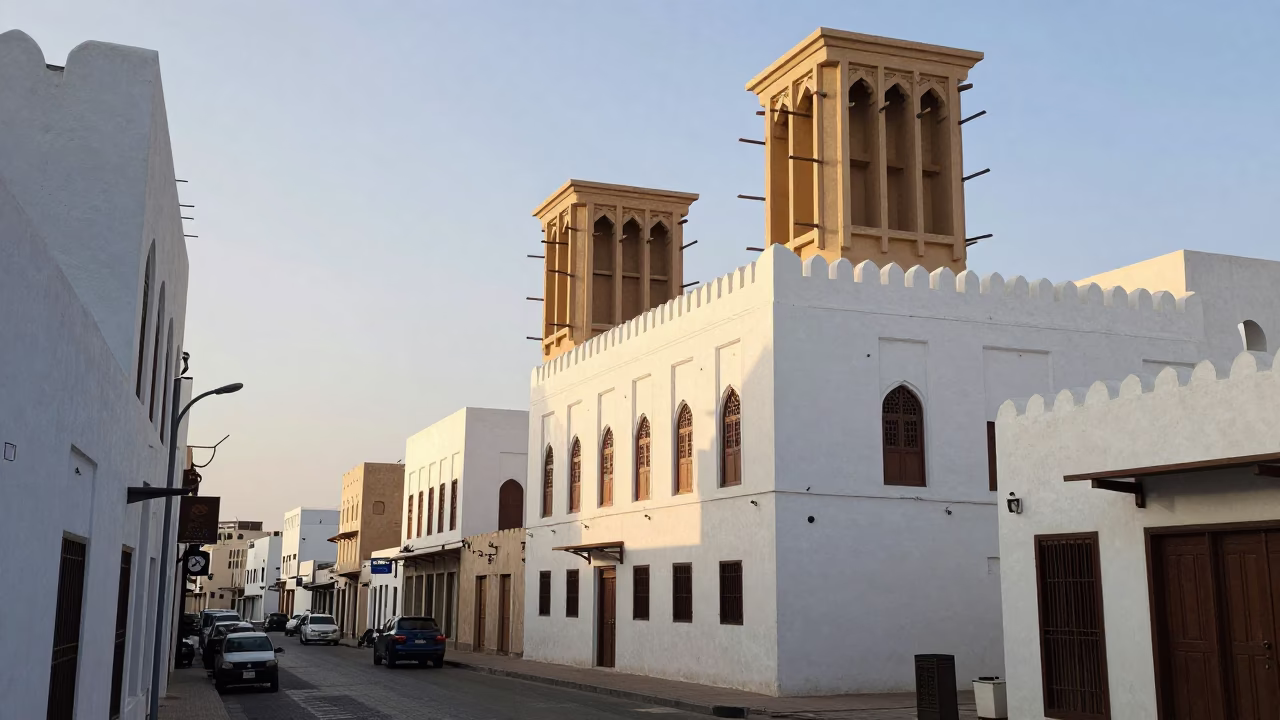 Muscat Oman Late Morning Street Scene with Traditional Architecture and Local Life in in Muscat, Oman
