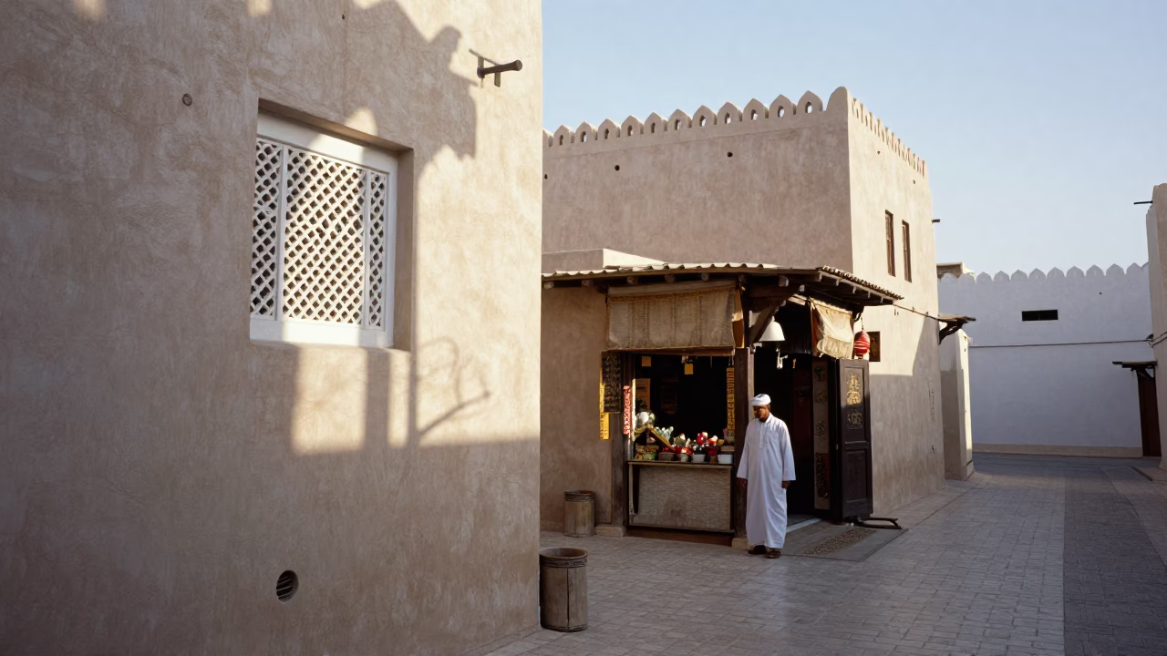 Muscat Oman late morning street scene with traditional architecture in in Muscat, Oman