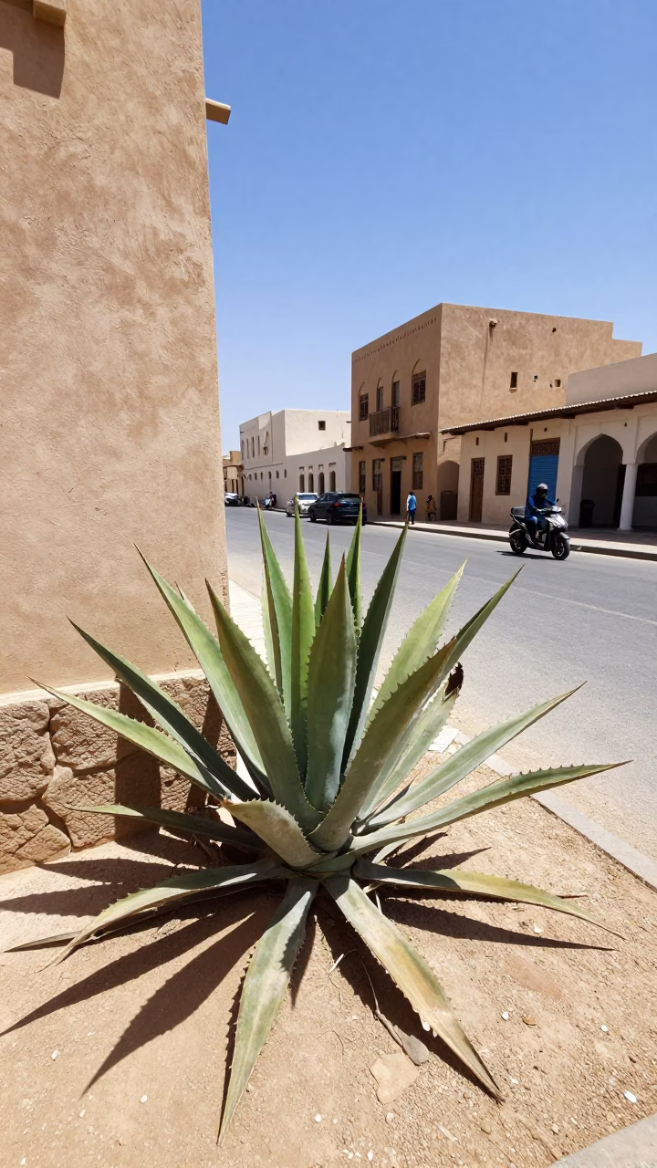 Muscat Oman Midday Street Scene with Agave Plant and Local Interaction in in Muscat, Oman