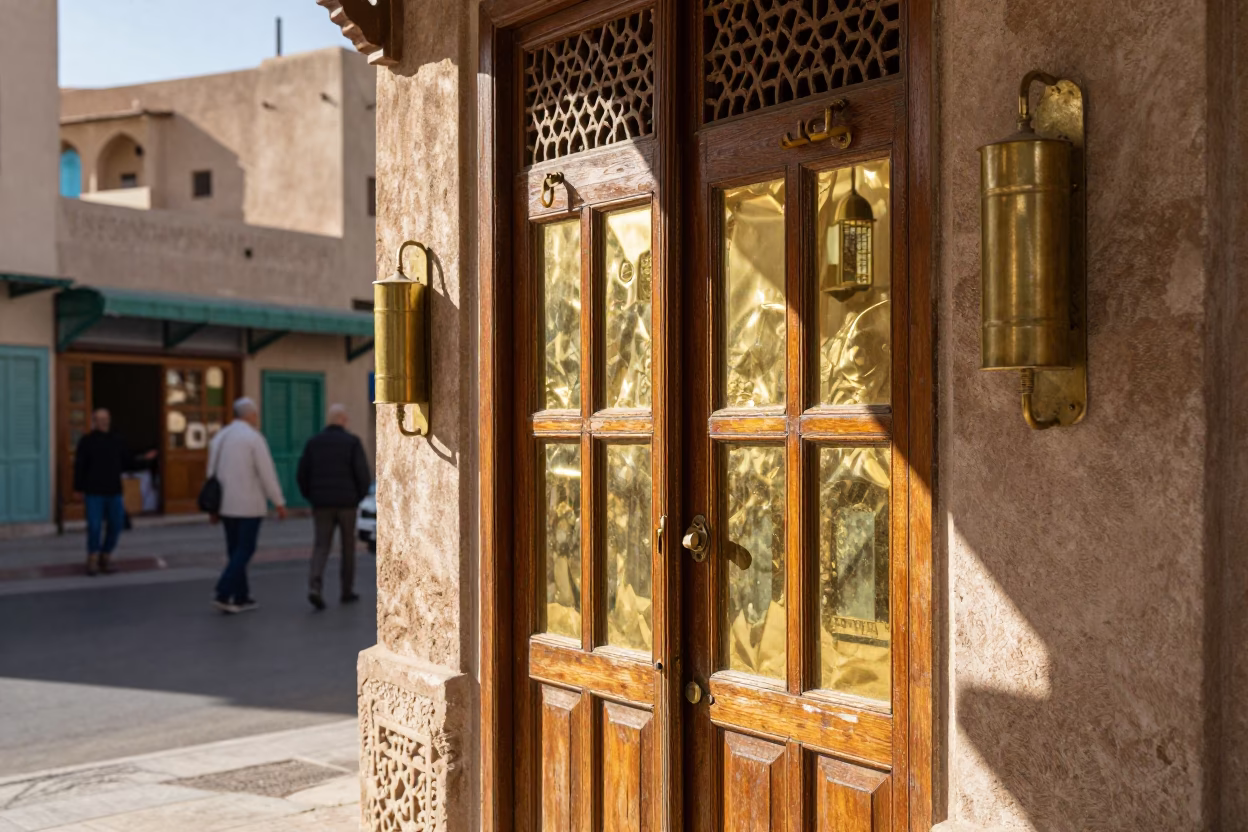 Muscat Oman Midday Street Scene with Brass Fixtures and Local Market Details in in Muscat, Oman