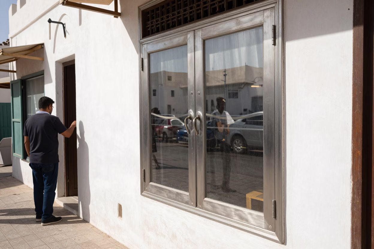 Muscat Oman Midday Street Scene with Brushed Steel Cabinet Door Reflection in in Muscat, Oman