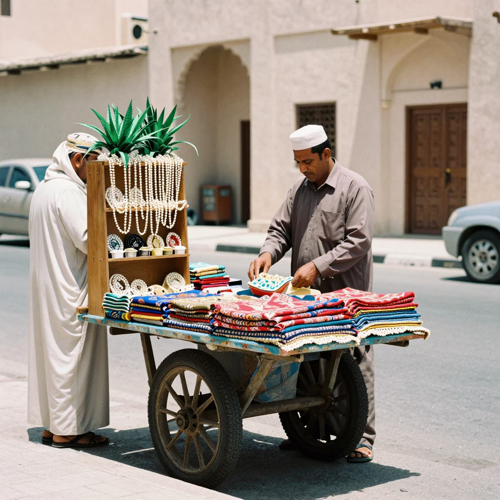 Muscat Oman Midday Street Scene with Local Vendor and Traditional Decorations in in Muscat, Oman